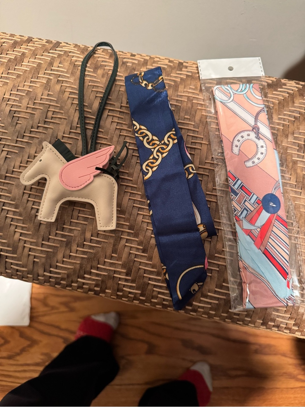 Beige and Pink Horse Bag Charm with Navy and Coral Twillies